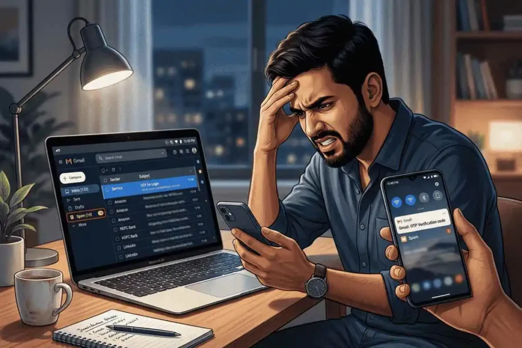 ईमेल OTP न आने की समस्या चेक करता हुआ यूजर, Gmail inbox और spam folder के साथ