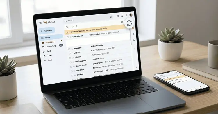 Email OTP Nahi Aa Raha To Kya Check Karein की स्थिति में spam folder, promotions tab और storage checks दिखाता visual