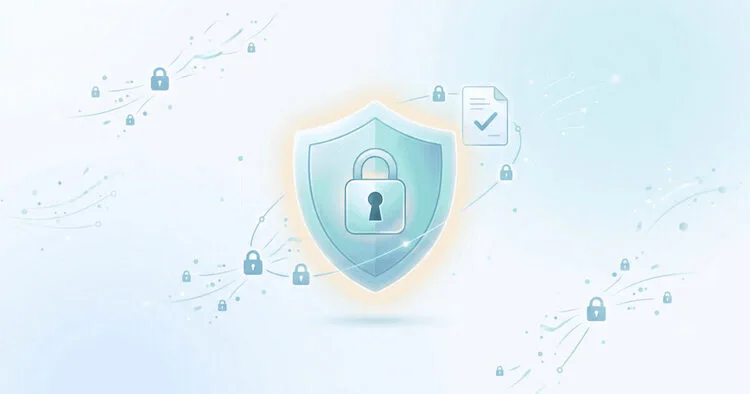 Illustration of a secure shield with privacy and data protection elements for NiceWritten Privacy Policy page