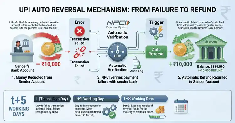 UPI transaction failed auto reversal process showing refund timeline